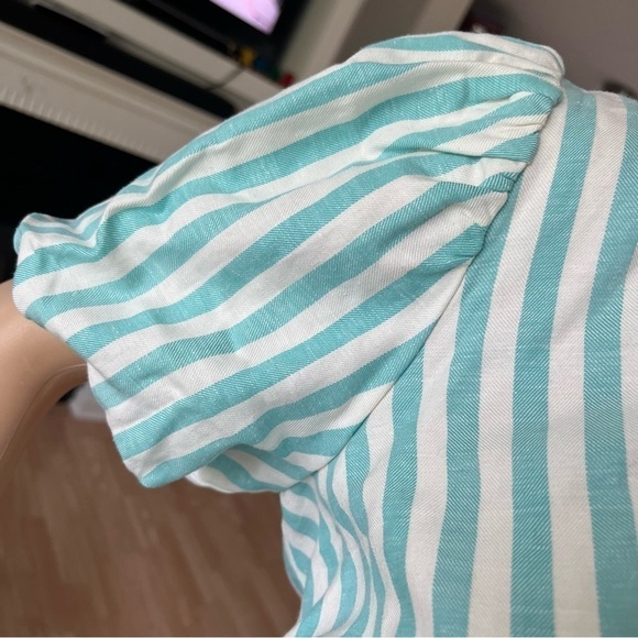 Draper James Women’s Puff Sleeve Turquoise White Striped Wrap Dress Size S NWT - Picture 6 of 14